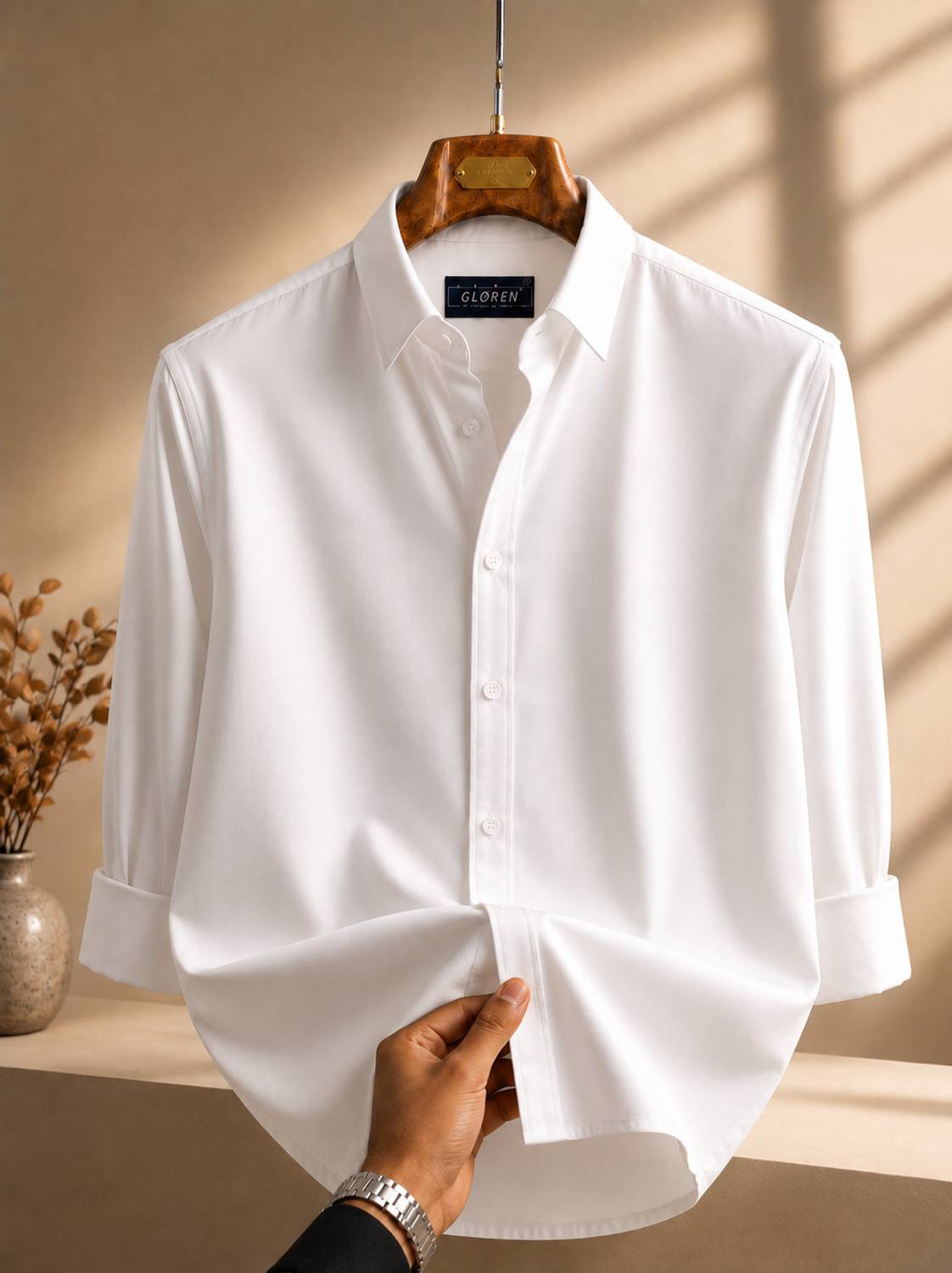 GLOREN Men Solid Casual White Shirt