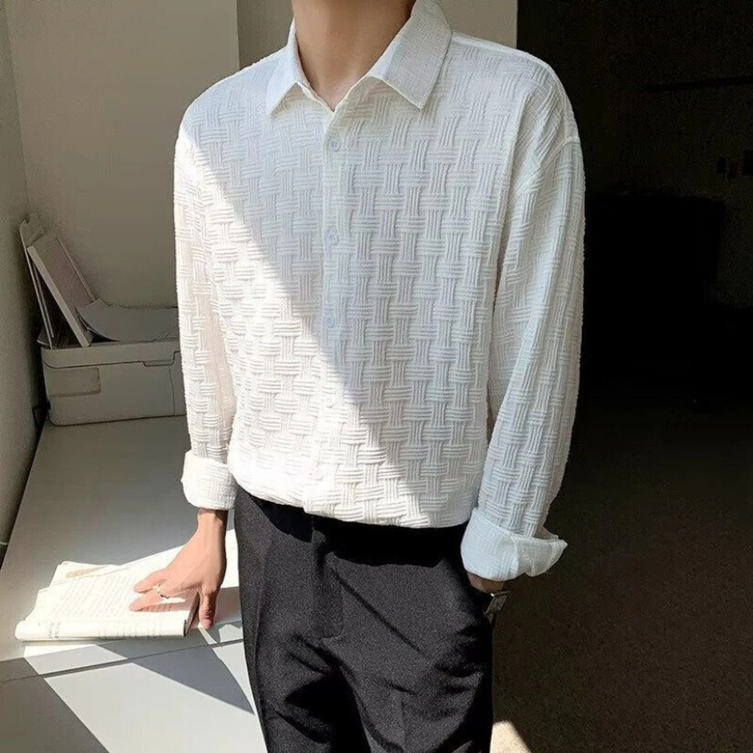 Image of Leriya Fashion Men Self Design Casual White Shirt