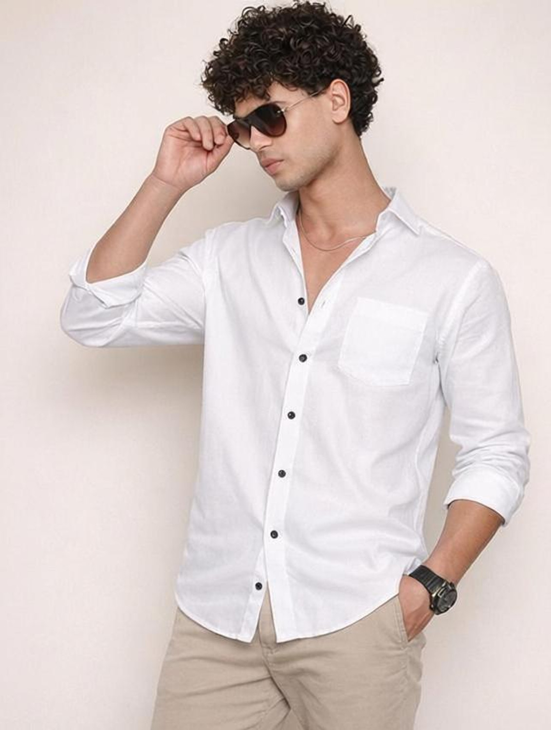 Image of Tanip Men Solid Casual White Shirt