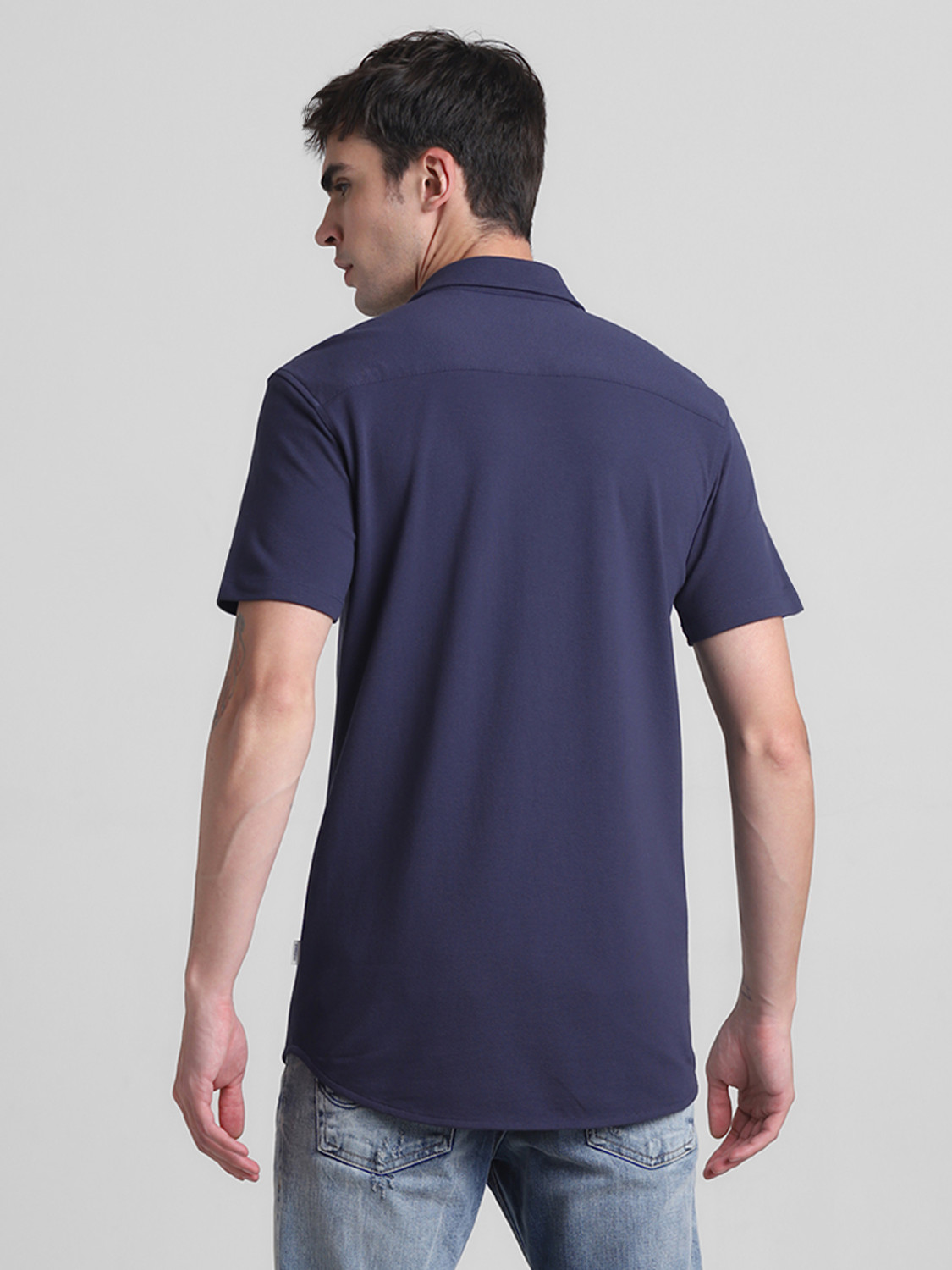 Image of JACK & JONES Men Solid Casual Dark Blue Shirt