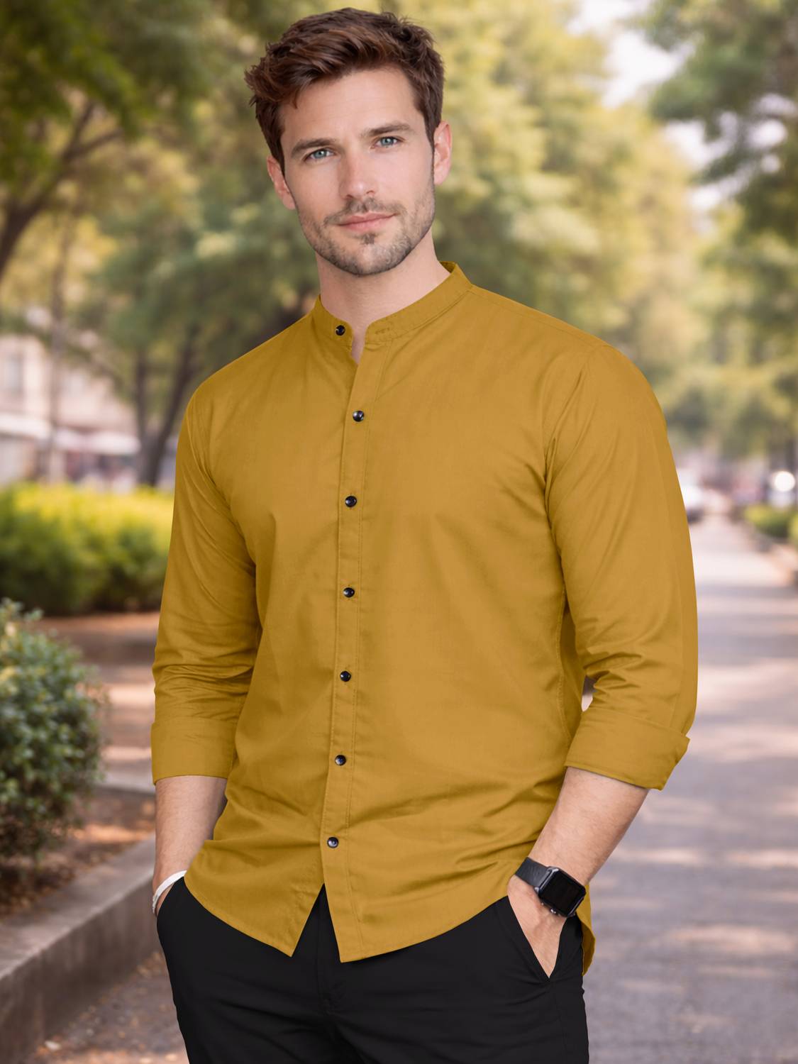VeBNoR Men Regular Fit Solid Mandarin Collar Casual Shirt