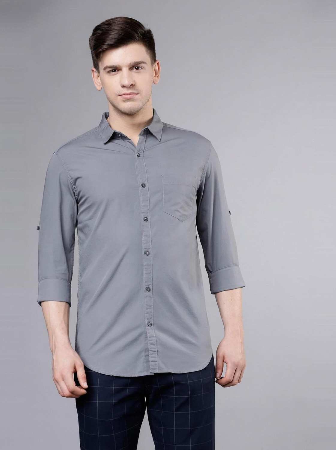 Image of HIGHLANDER Men Solid Casual Grey Shirt