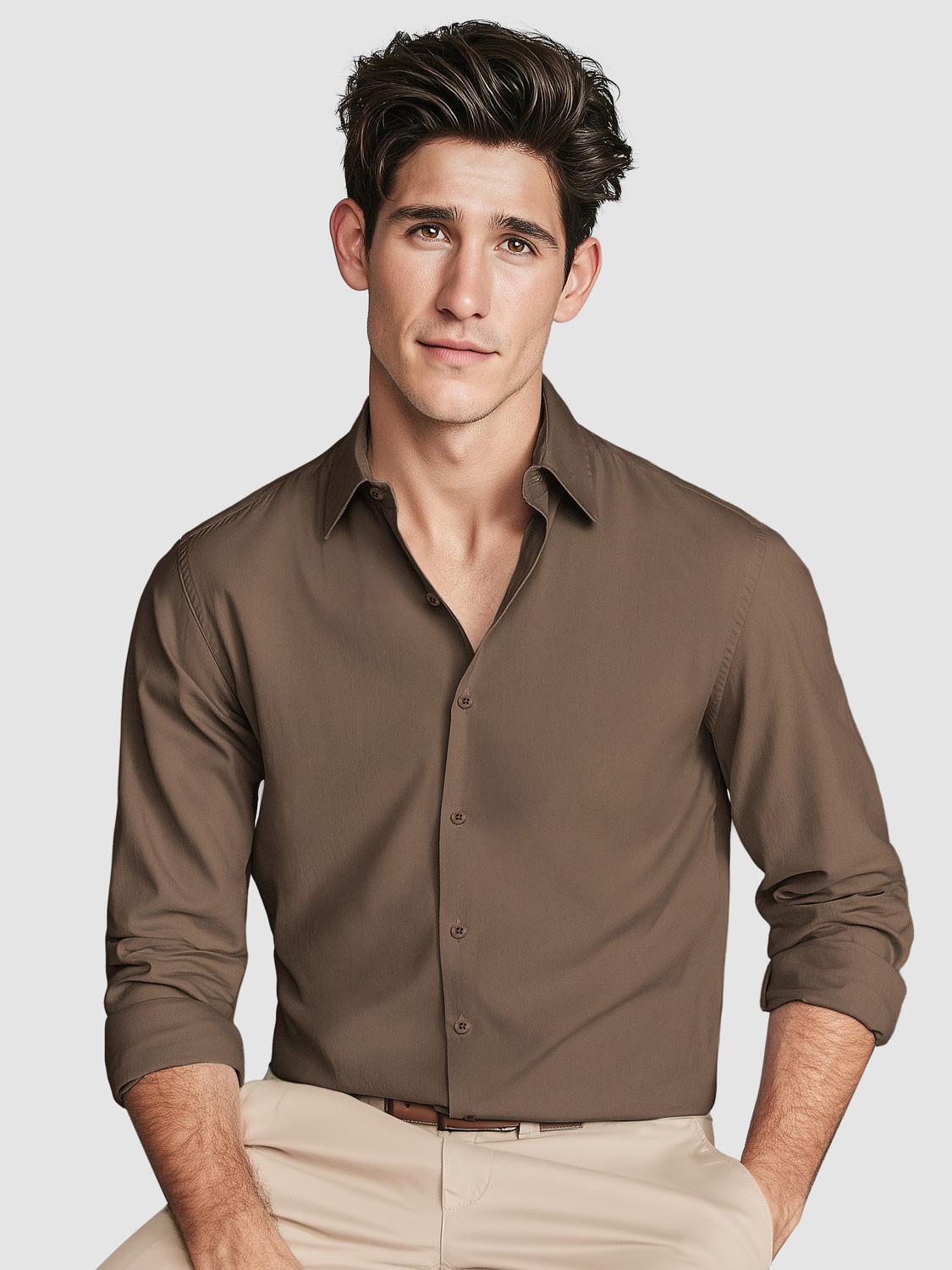 Image of BEYOUNG Men Solid Formal Brown Shirt