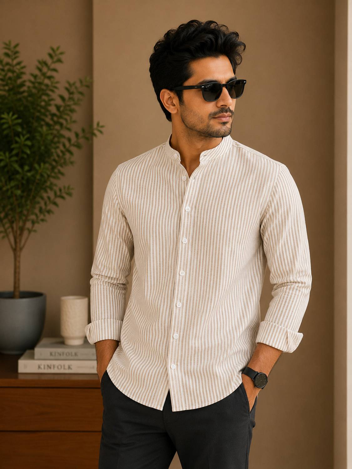 ManlyAttire Men Striped Casual White, Brown Shirt