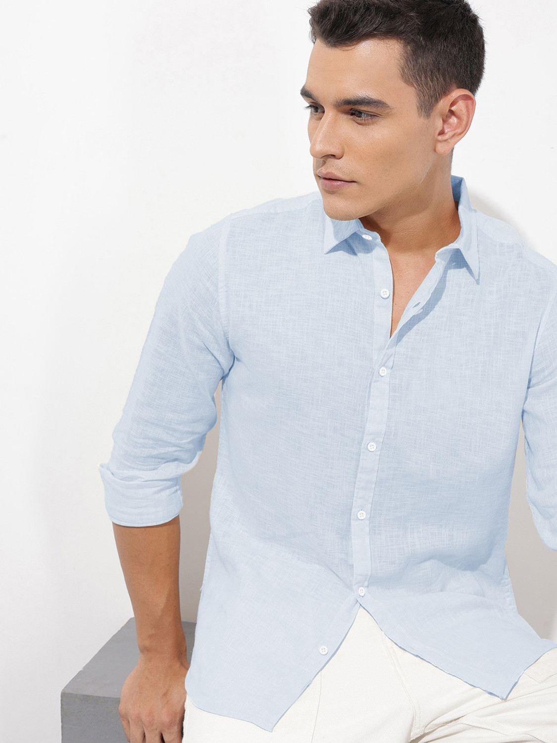Image of SHIRTZONE Men Solid Casual Light Blue Shirt