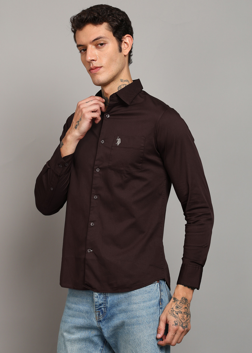 Image of U.S. POLO ASSN. Men Tailored Fit Solid Cut Away Collar Casual Shirt