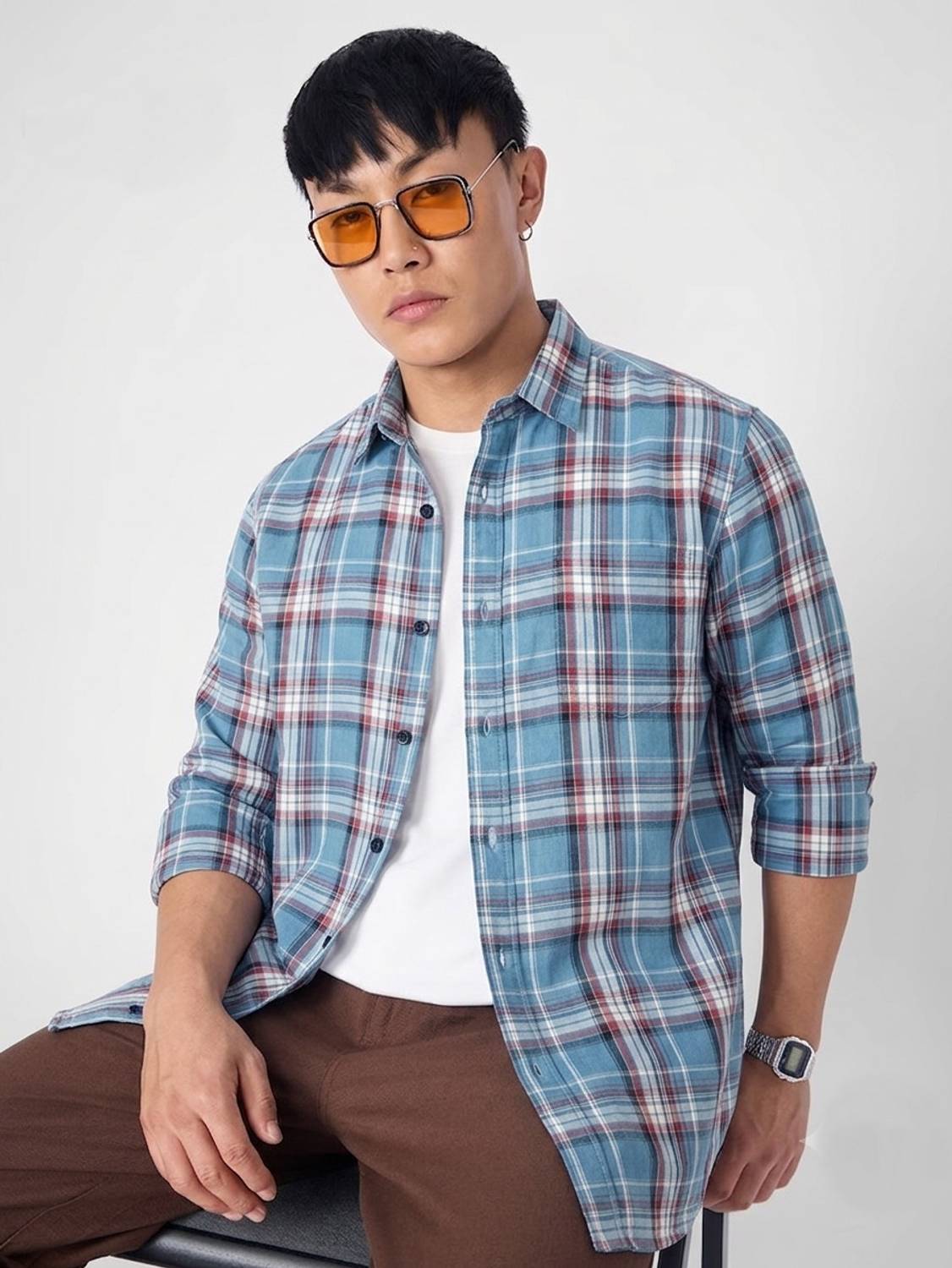 Roadster Men Checkered Casual Blue Shirt - Image 1