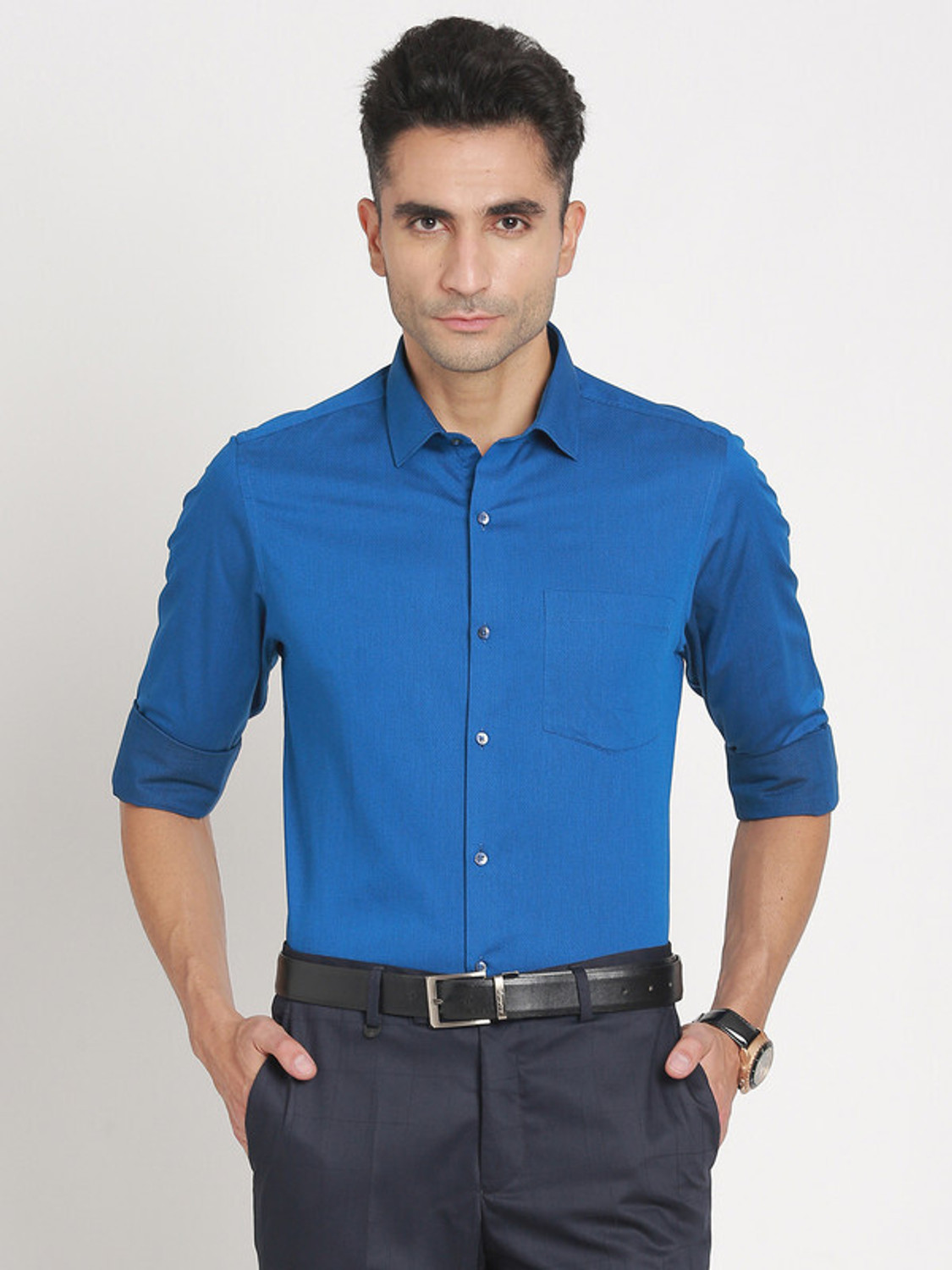 Image of TURTLE Men Solid Formal Blue Shirt
