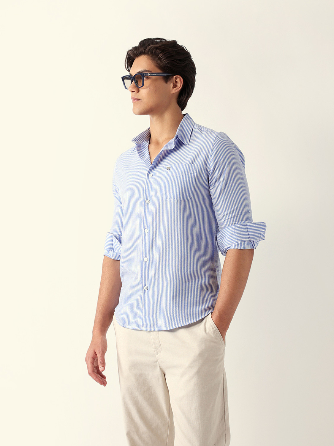Image of THE BEAR HOUSE Men Striped Casual Blue Shirt