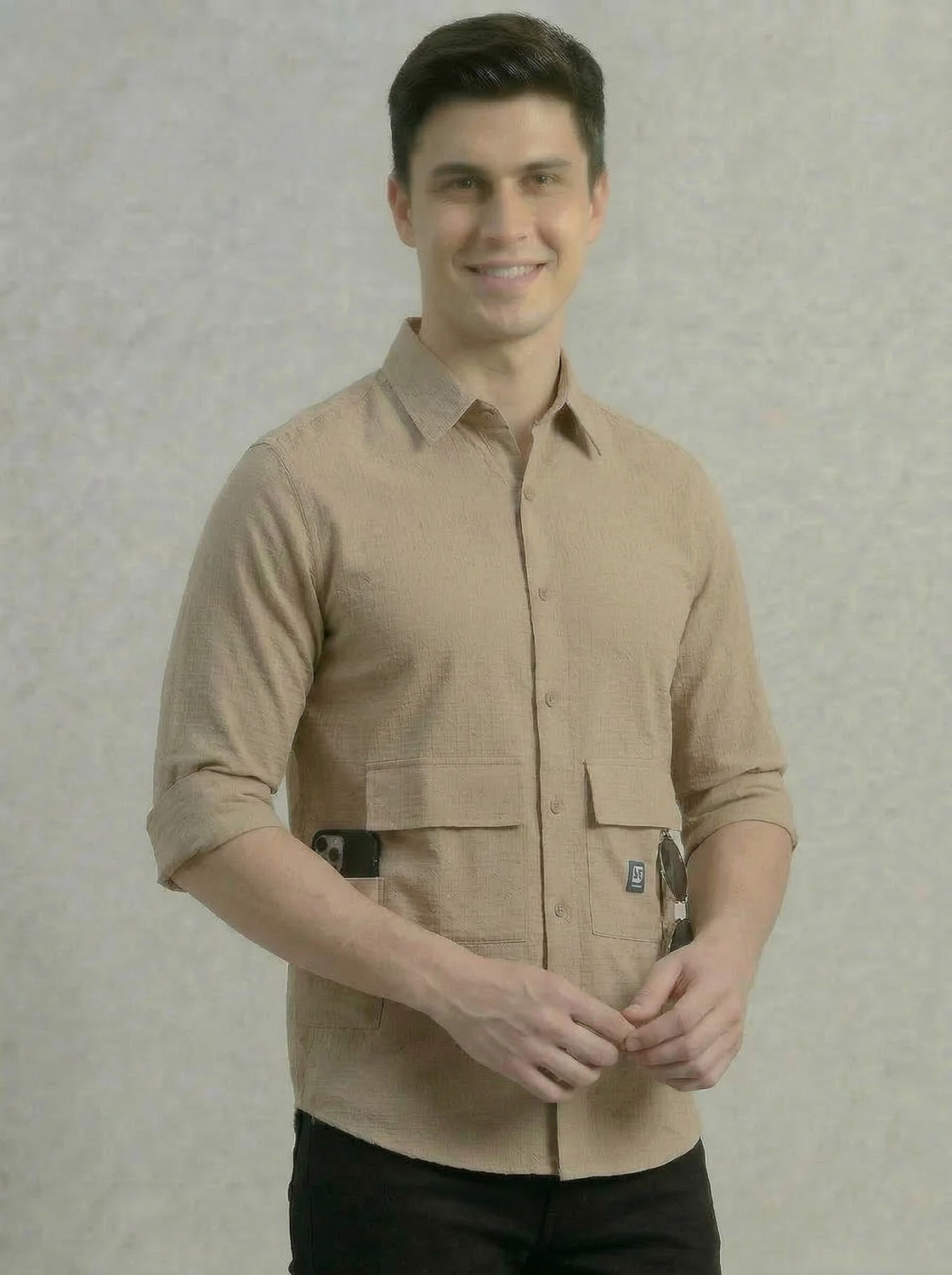 Image of METRONAUT Men Self Design Casual Beige Shirt