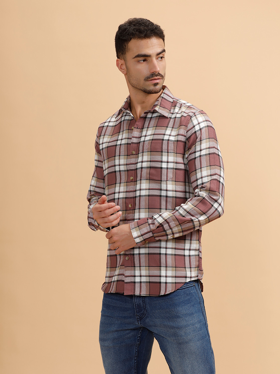 Image of WROGN Men Checkered Casual Pink Shirt