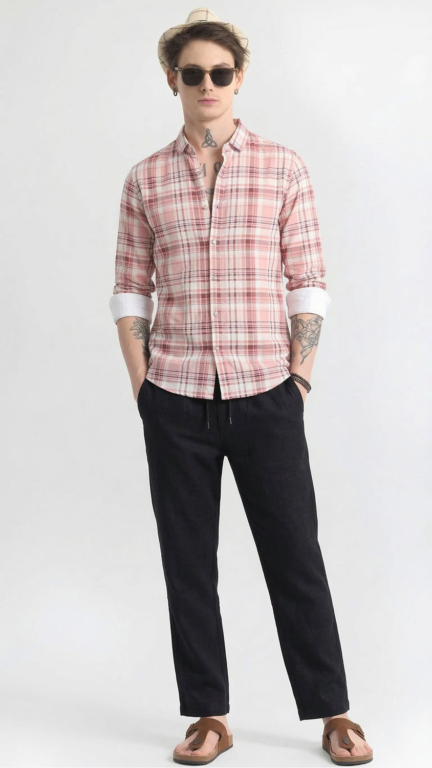 Image of R.Code by The Roadster Life Co. Men Checkered Casual Pink, White Shirt