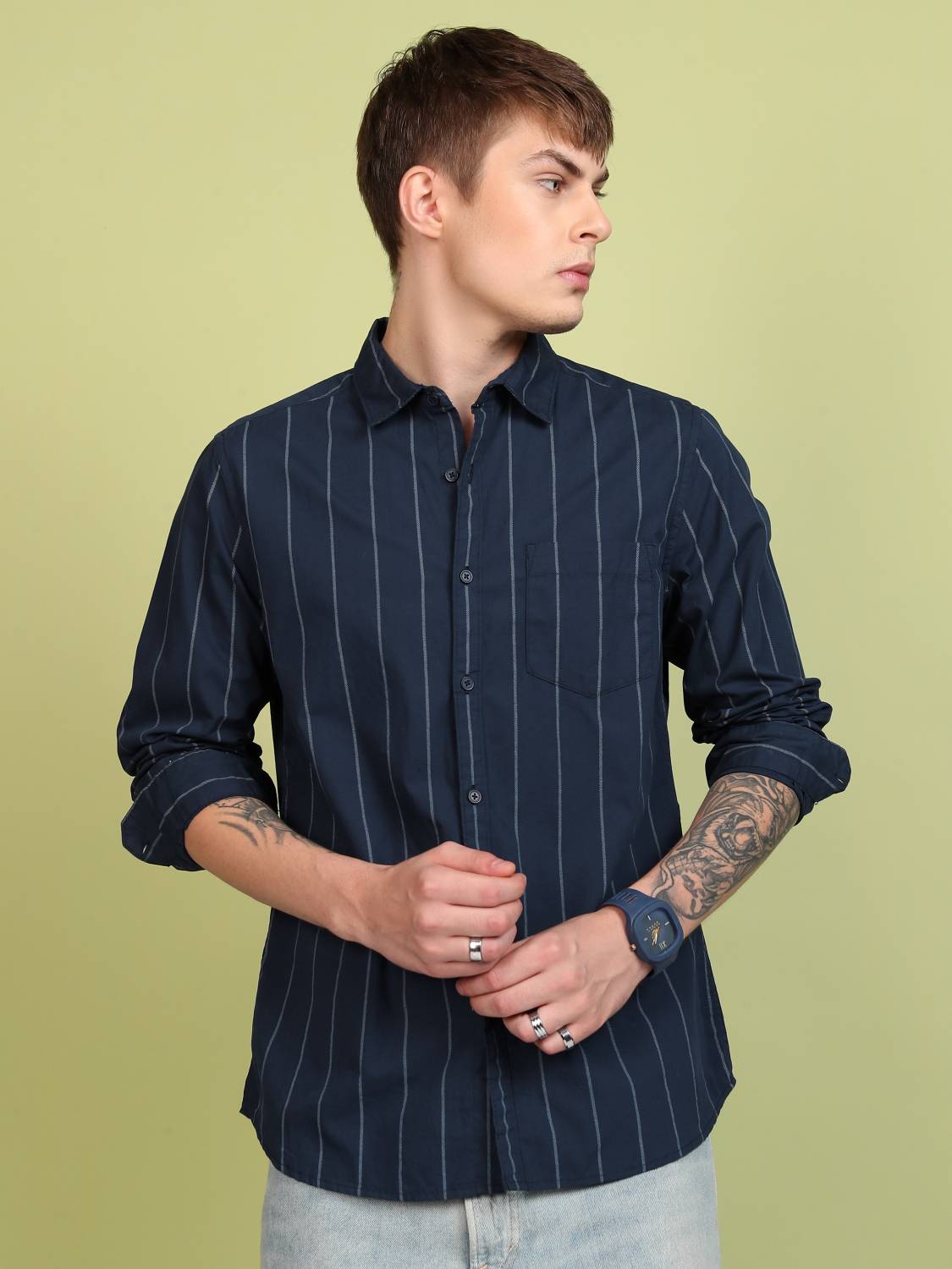 HIGHLANDER Men Striped Blue Shirt - Image 1