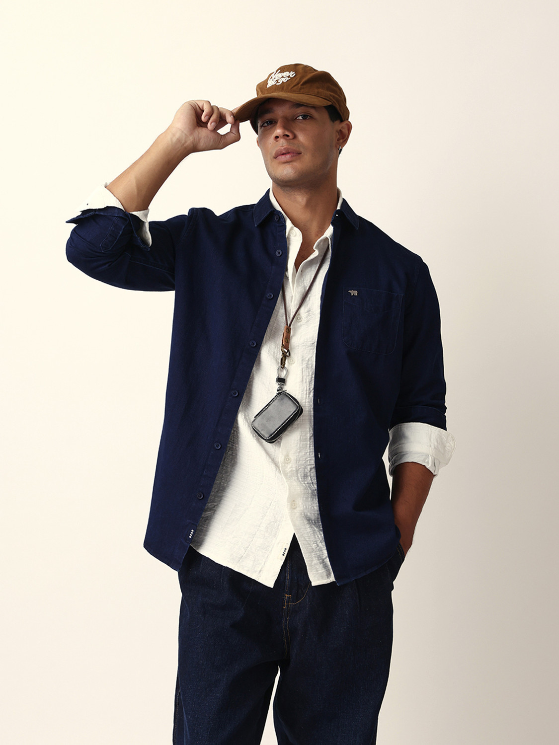 Image of THE BEAR HOUSE Men Solid Casual Blue Shirt