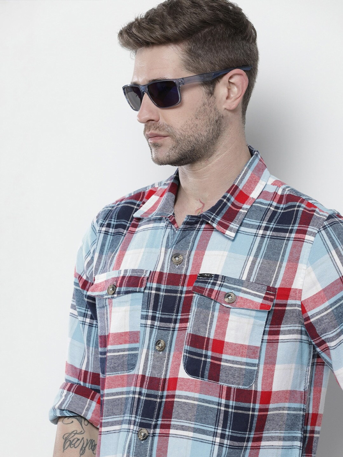 Image of The Indian Garage Co. Men Checkered Casual Blue Shirt