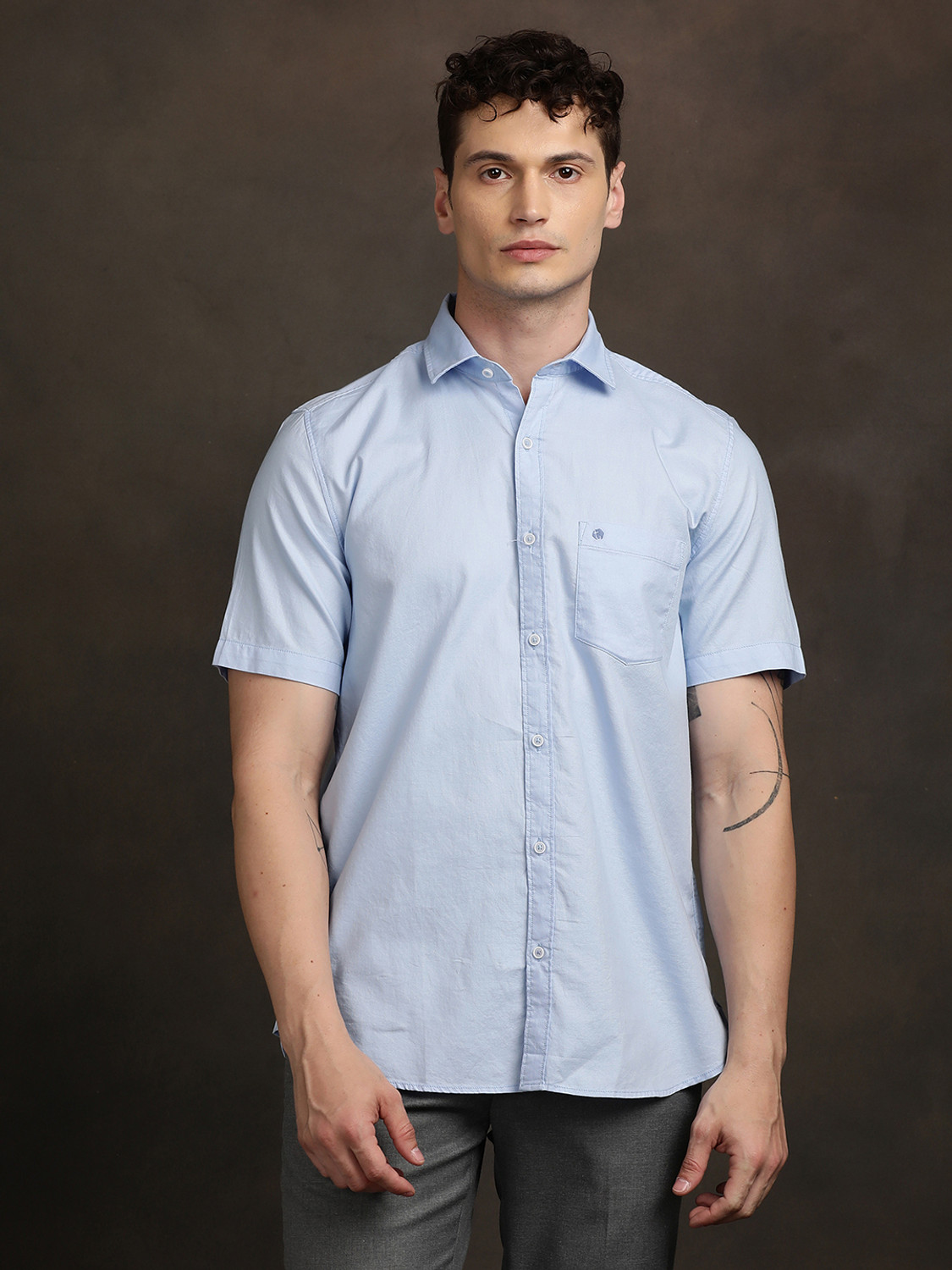 Image of TURTLE Men Solid Casual Light Blue Shirt