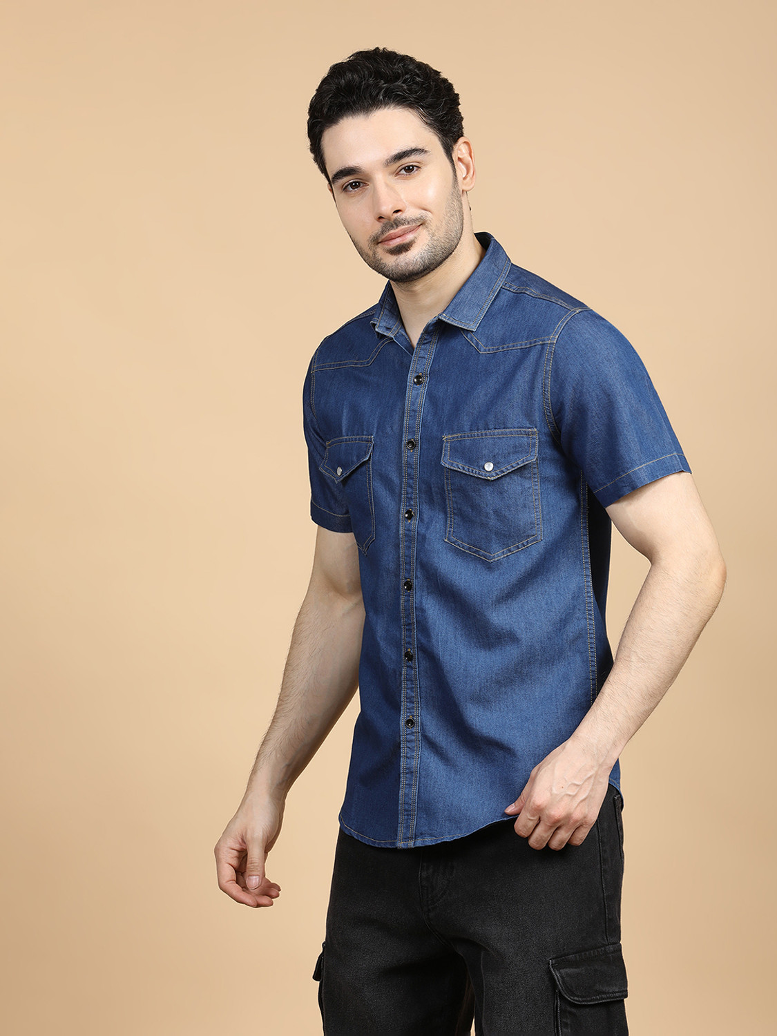 Image of GRANDSTITCH Men Washed Casual Light Blue Shirt