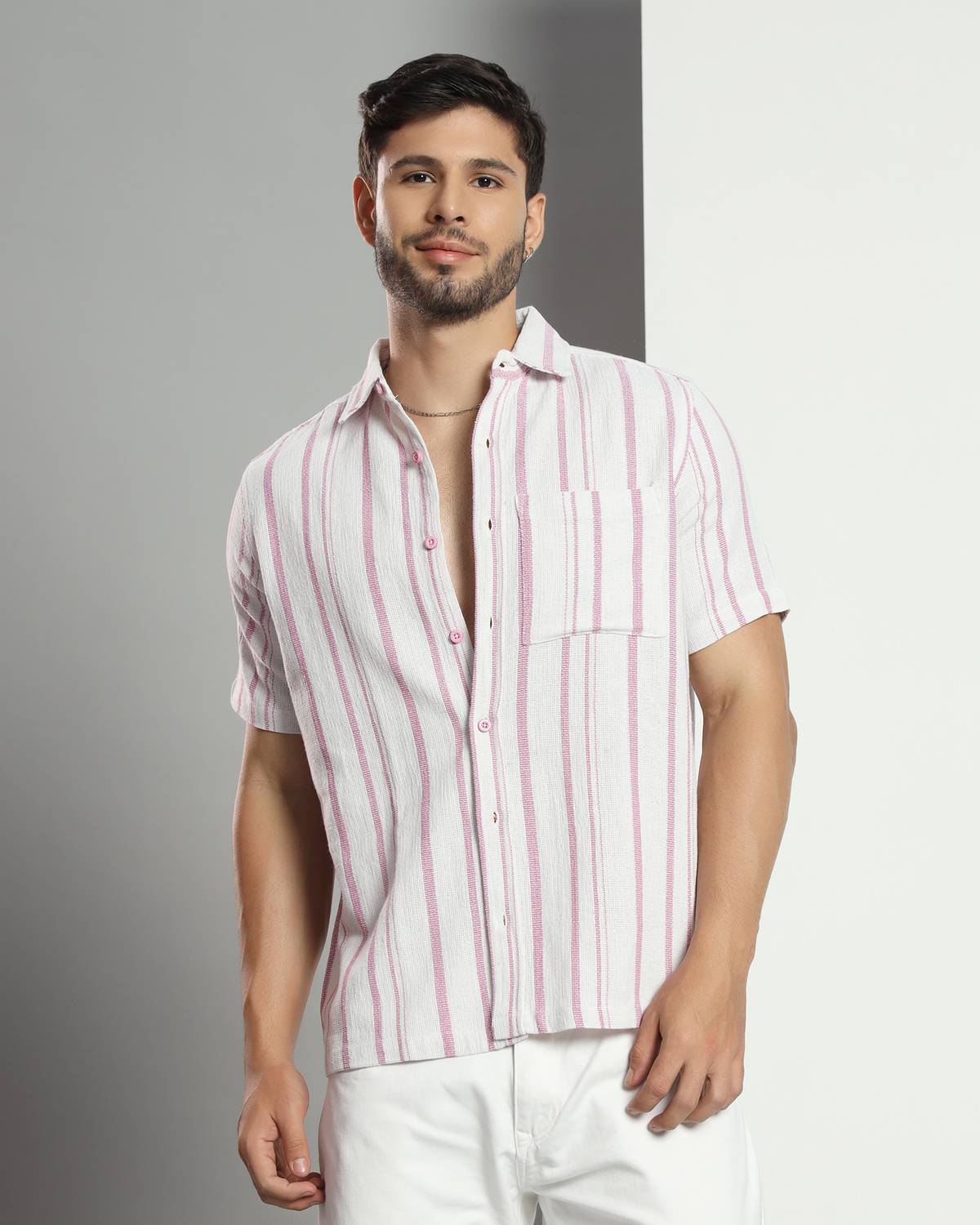 Chimpaaanzee Men Striped Casual White, Pink Shirt