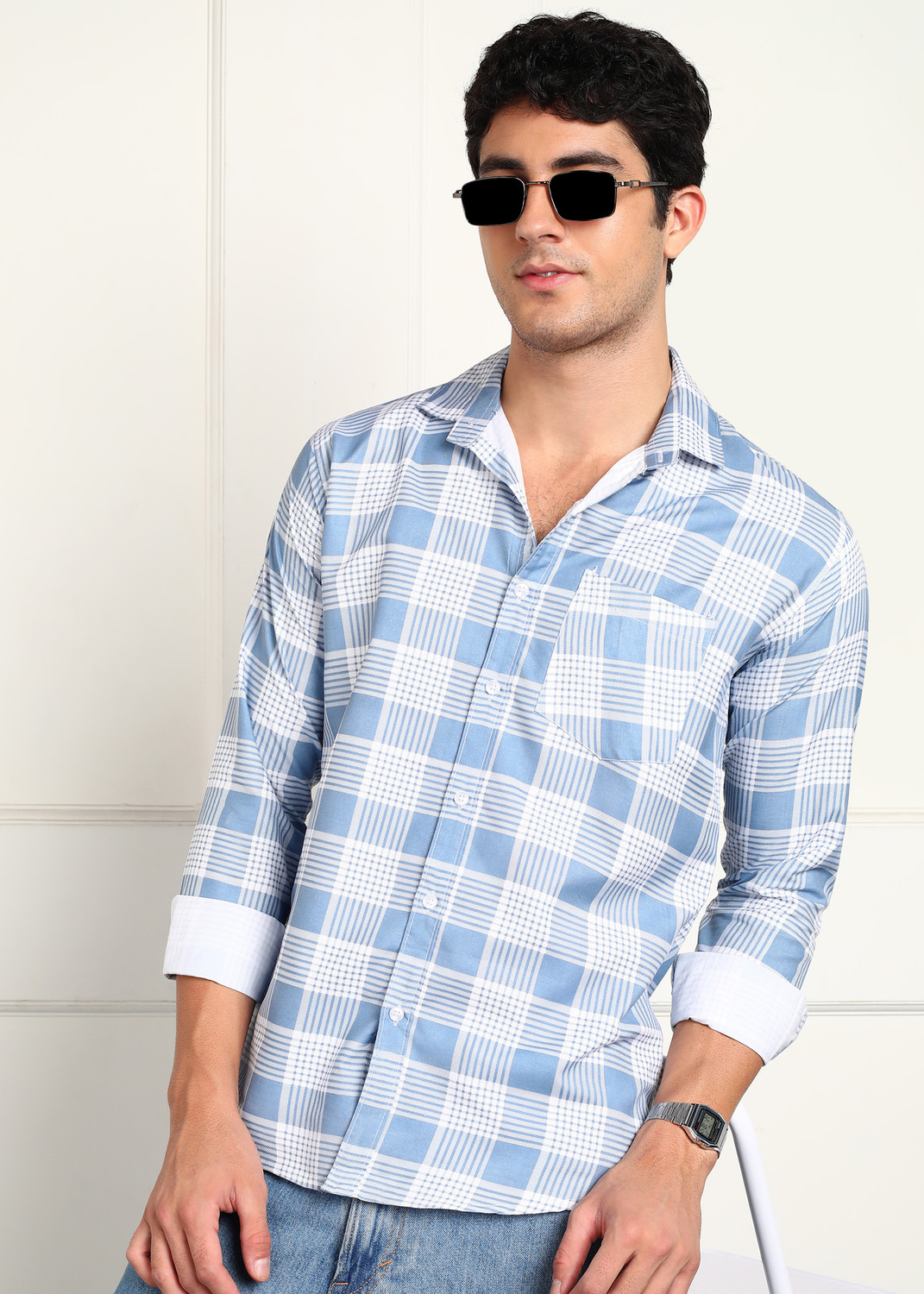 Image of PURE MAN Men Checkered Casual Blue Shirt