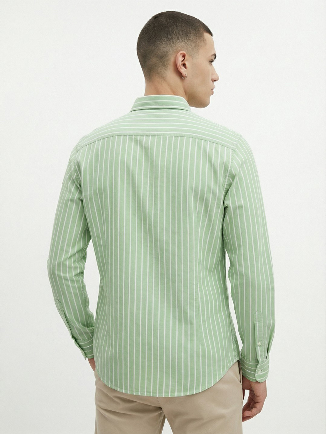Image of METRONAUT Men Striped Casual Light Green Shirt