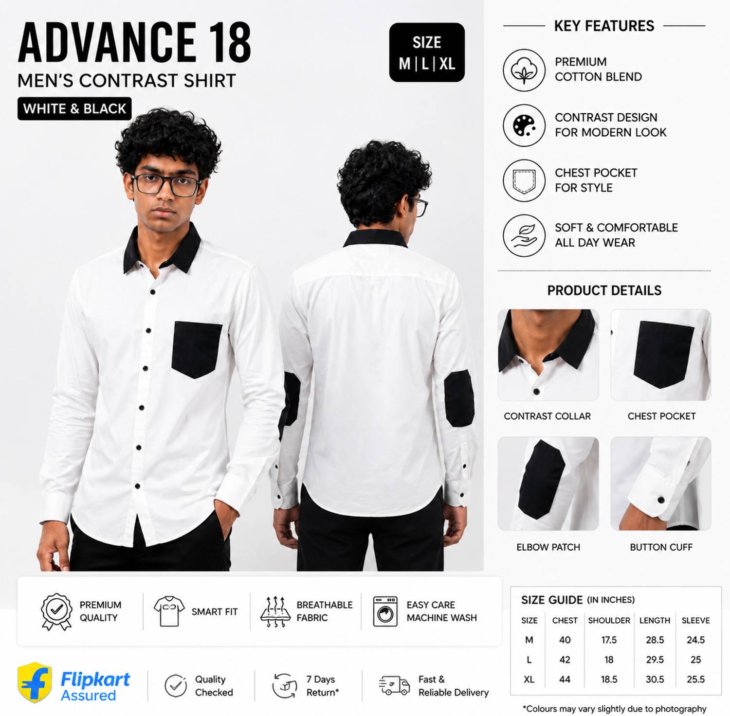 Advance18 Men Color Block Casual White Shirt - Image 2
