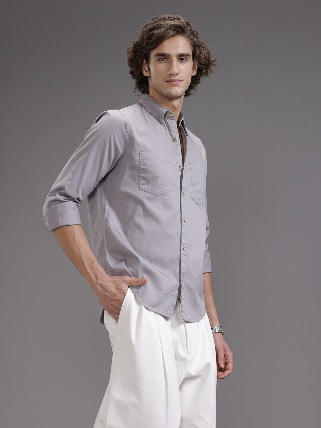 Image of WROGN Men Slim Fit Solid Spread Collar Casual Shirt