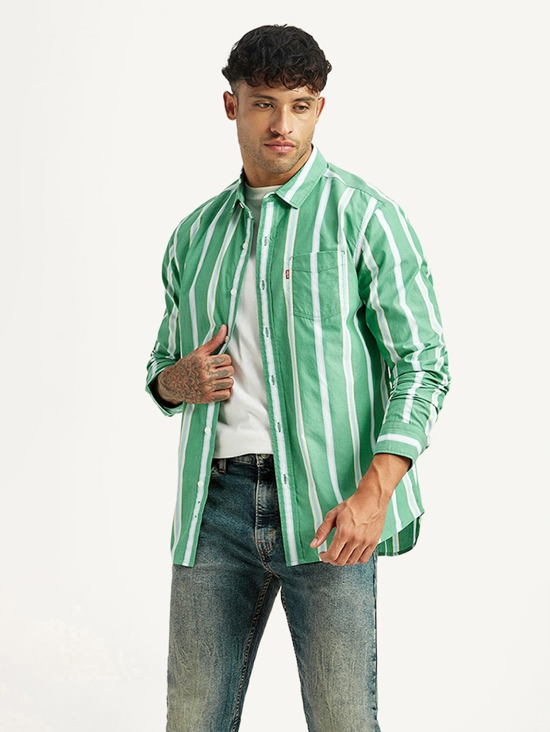 Image of LEVI'S Men Striped Casual Green Shirt