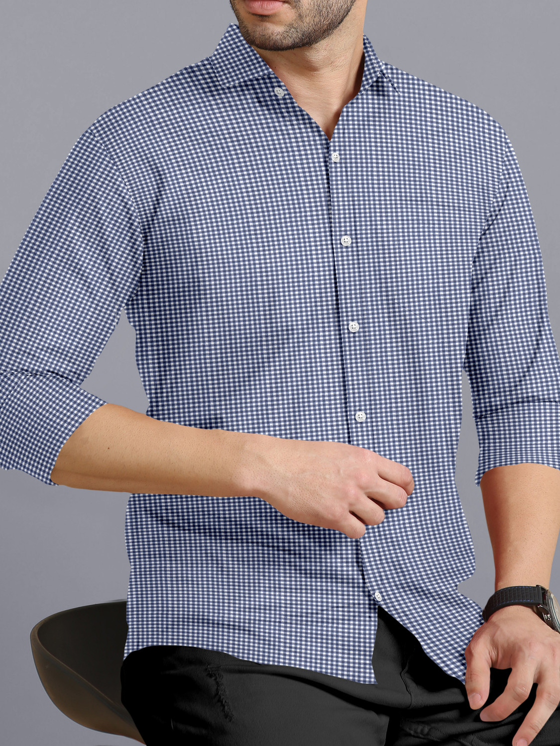 Image of VTEXX Men Checkered Casual Dark Blue Shirt