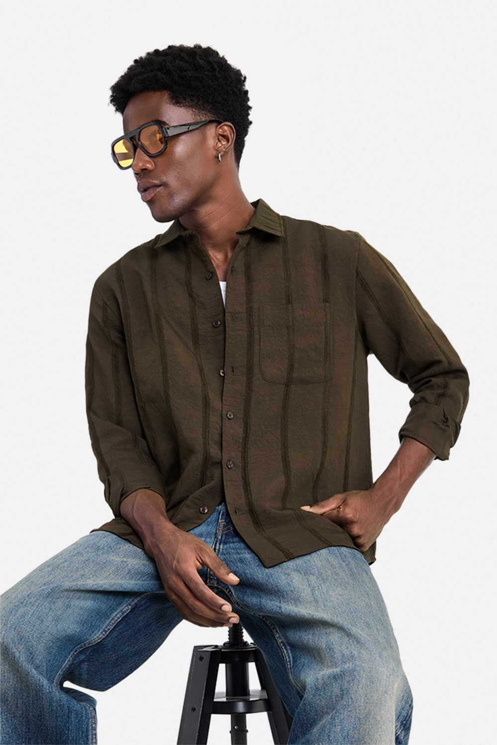 Snitch Men Striped Casual Dark Green Shirt