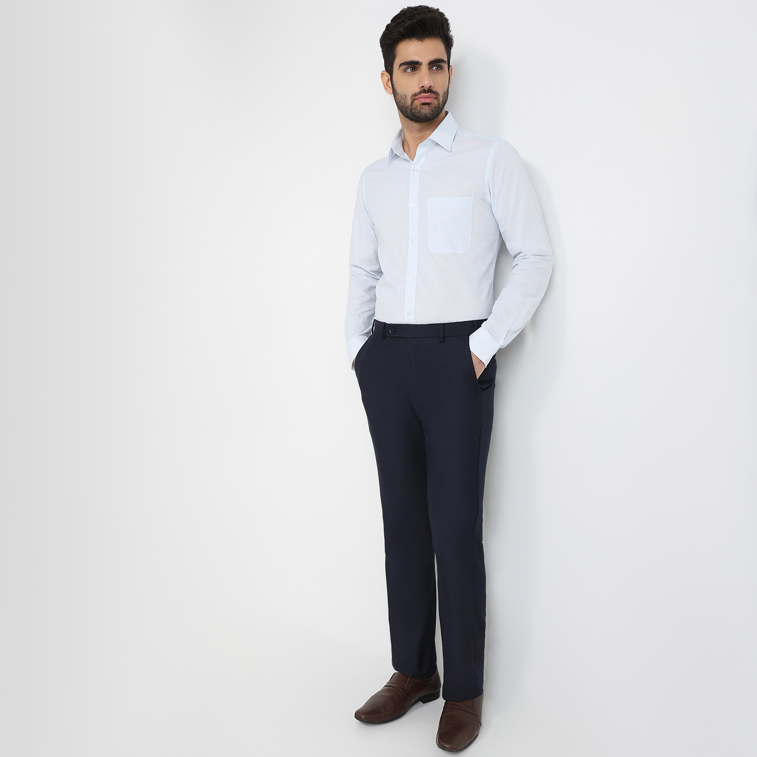 Image of Raymond Men Slim Fit Striped Cut Away Collar Formal Shirt
