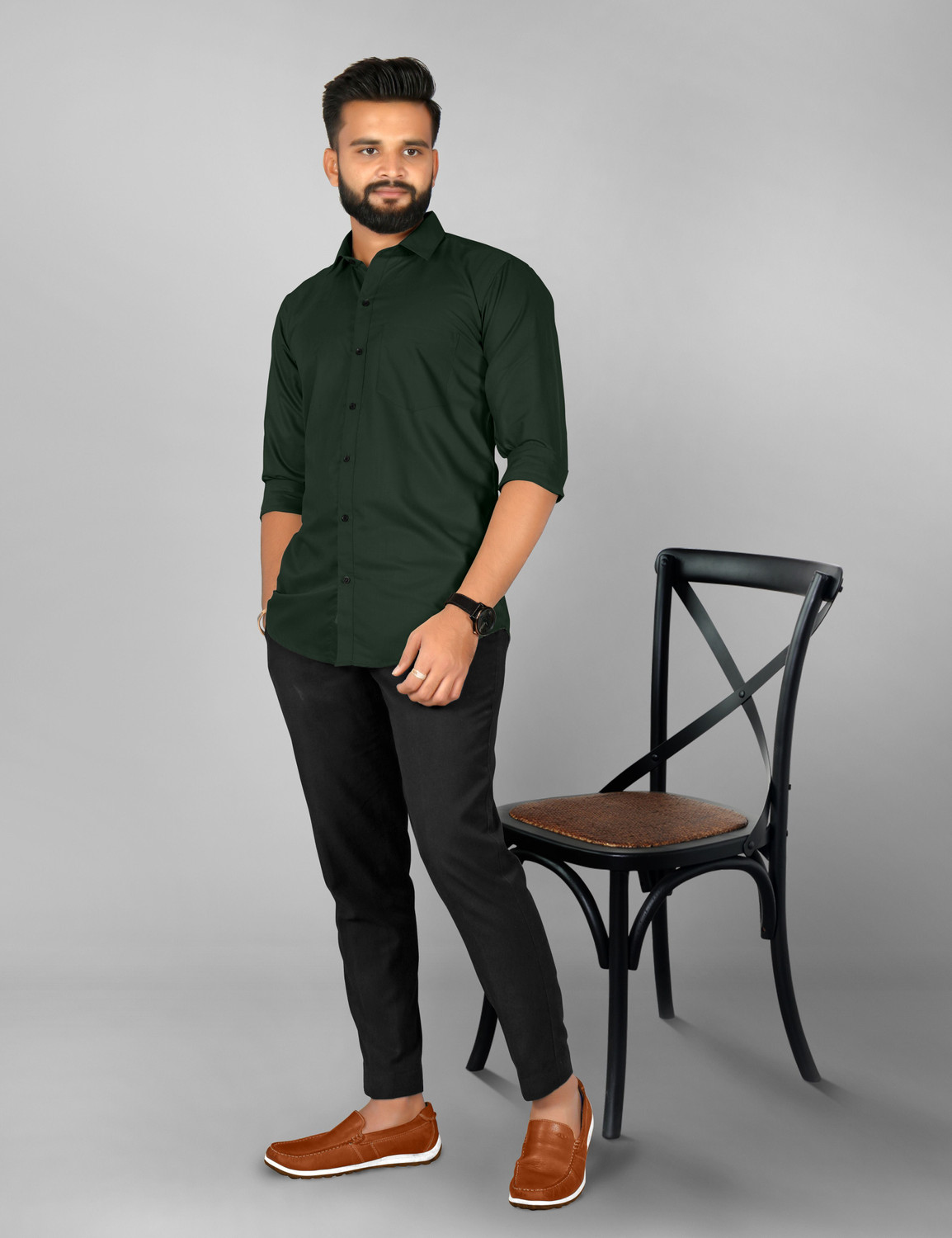 Image of FIBERMILL Men Solid Formal Dark Green Shirt