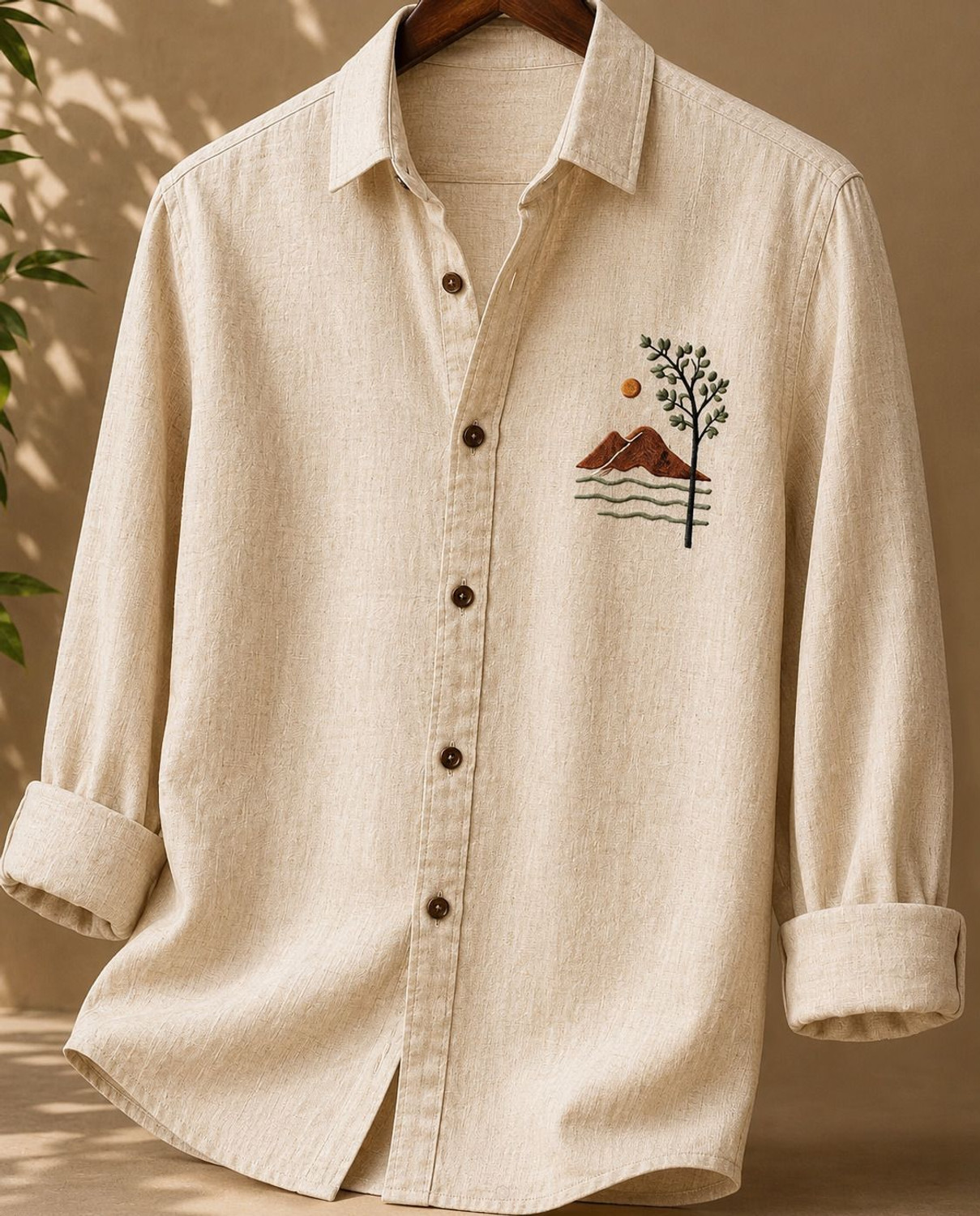 Image of LOOMIORE Men Embroidered Casual Beige Shirt