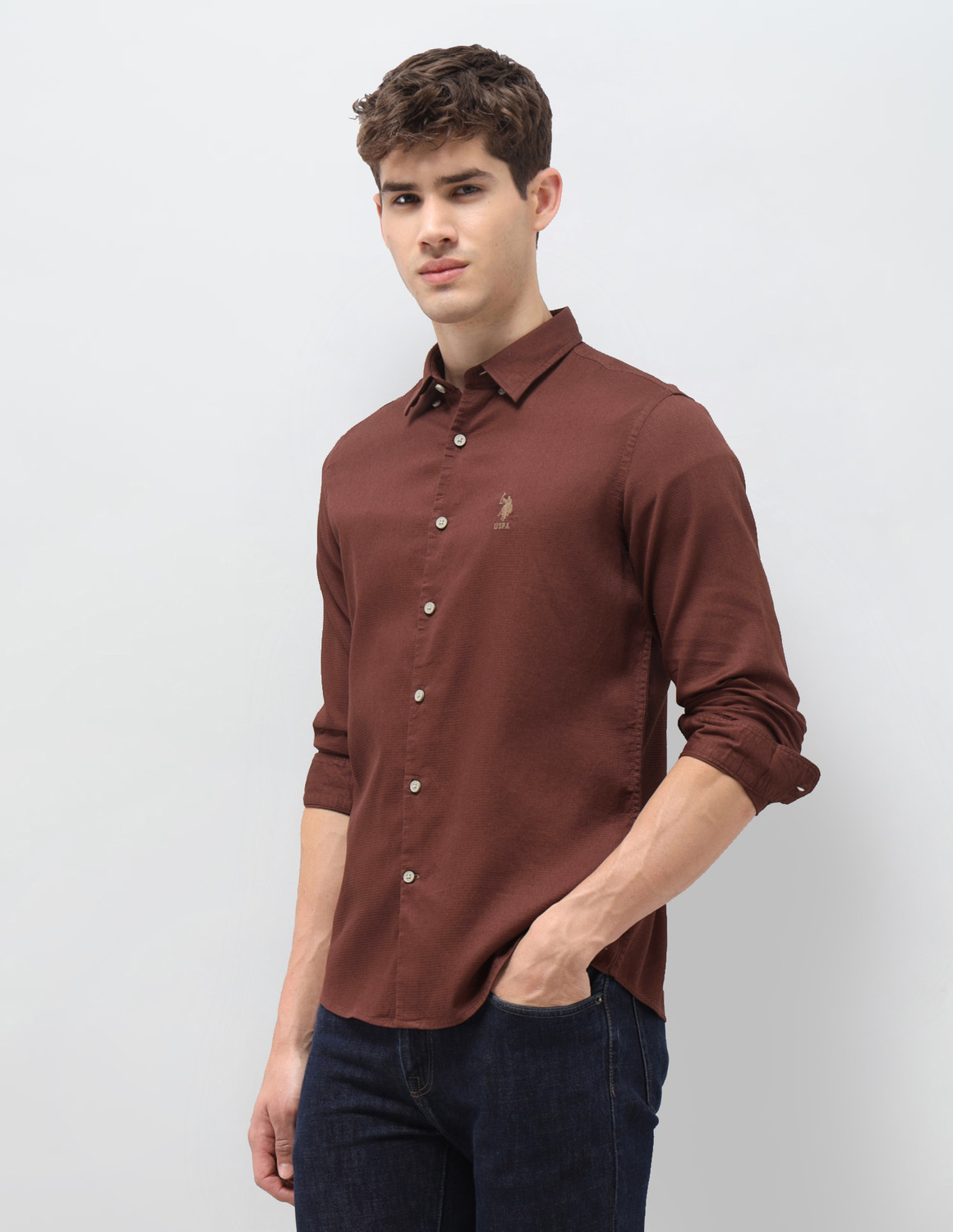 Image of U.S. Polo Assn. Denim Co. Men Solid Casual Brown Shirt