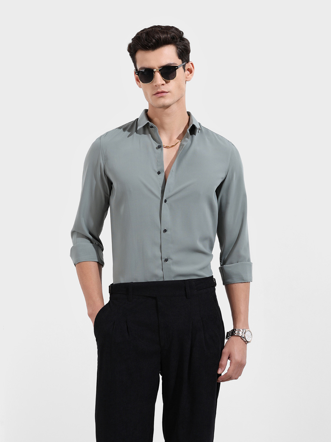 Image of The Indian Garage Co. Men Solid Party Grey Shirt