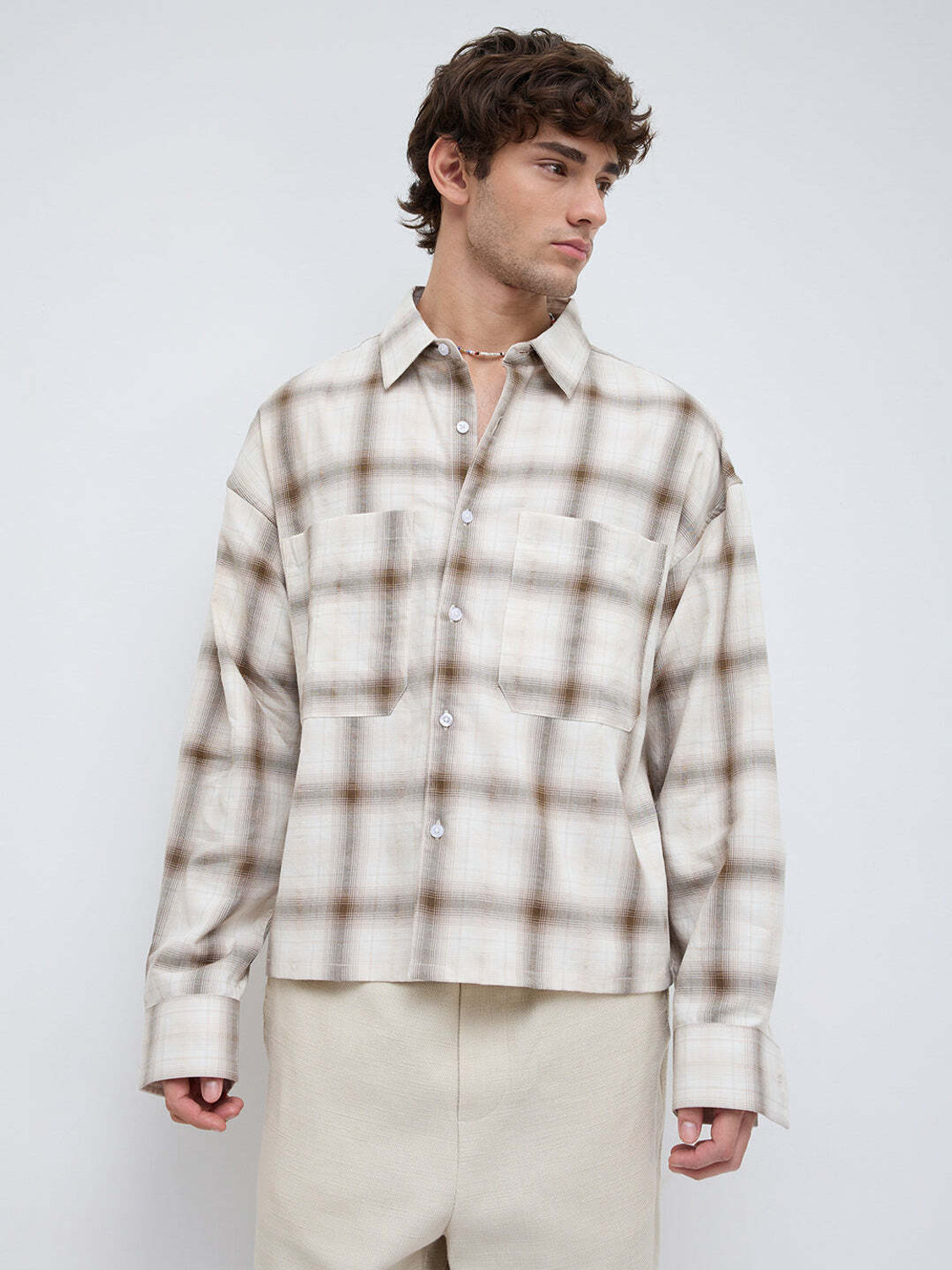 Image of VASTRADO Men Checkered Casual Beige Shirt