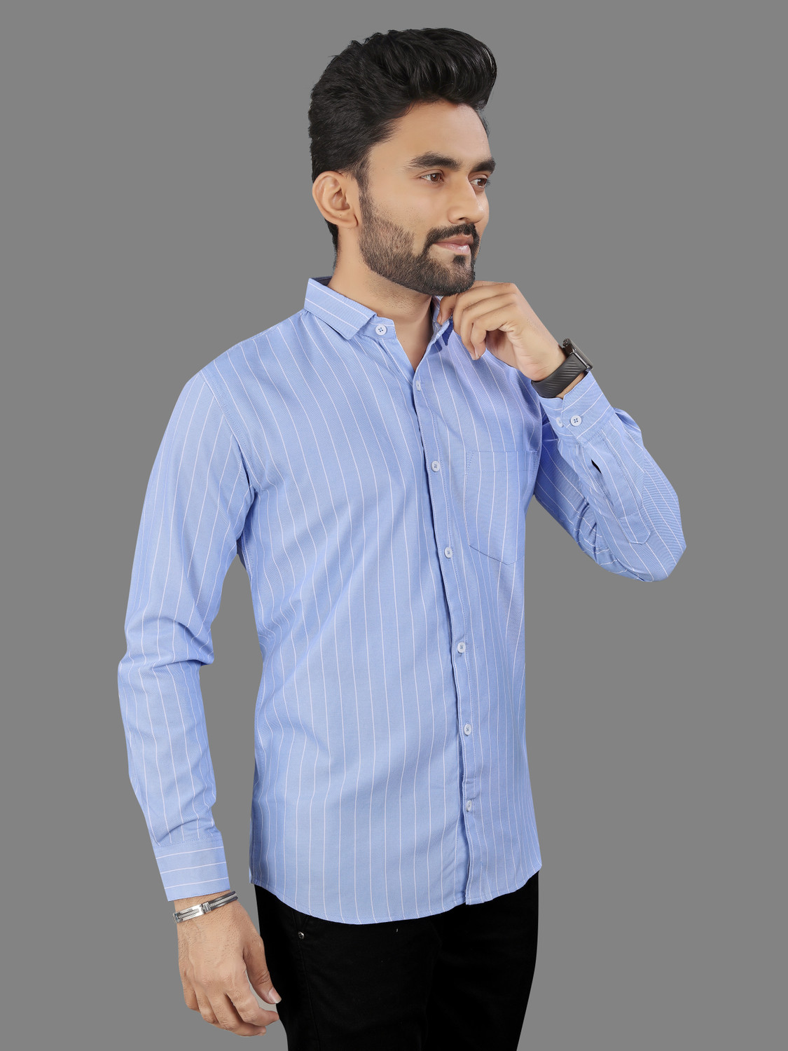 Image of MILDIN Men Striped Formal Light Blue Shirt