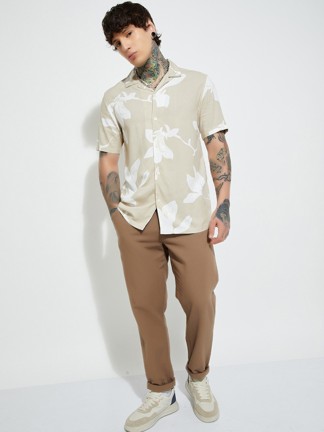 Image of MAX Men Printed Casual Beige Shirt