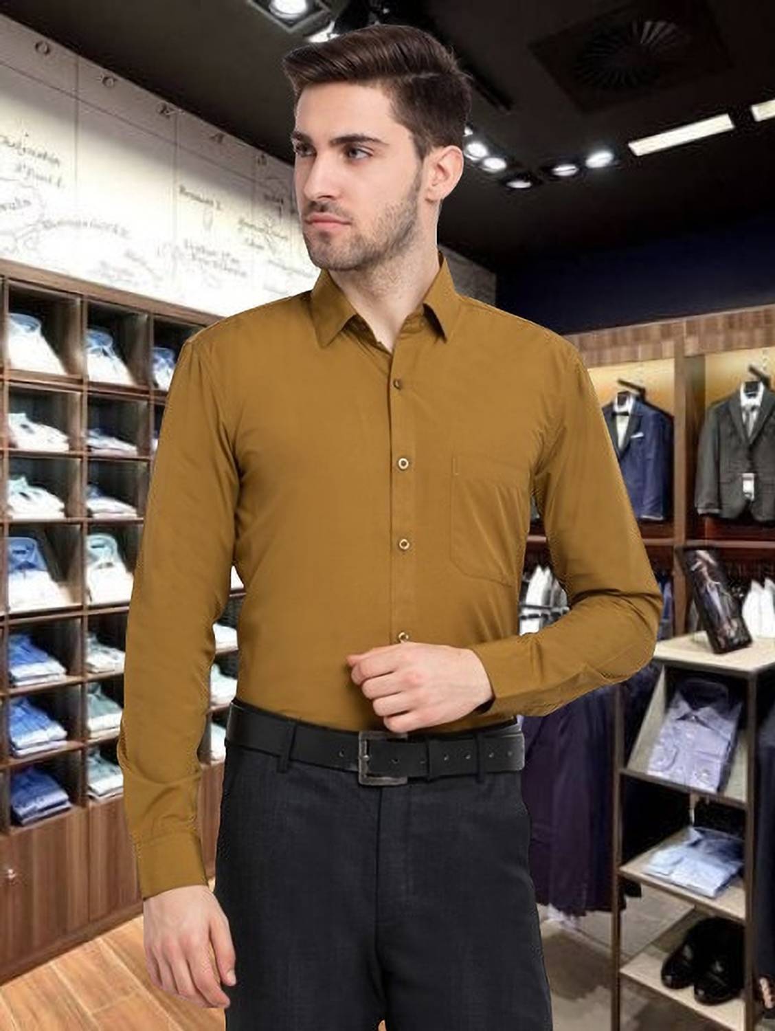 Ababil Men Solid Formal Gold Shirt