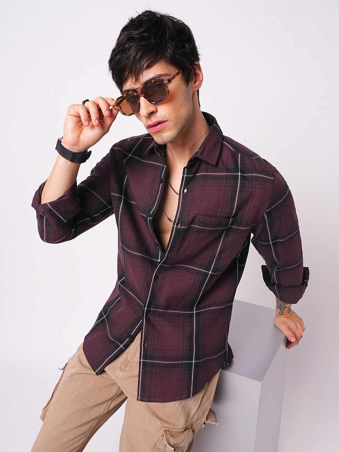 Image of VASTRADO Men Checkered Casual Purple Shirt