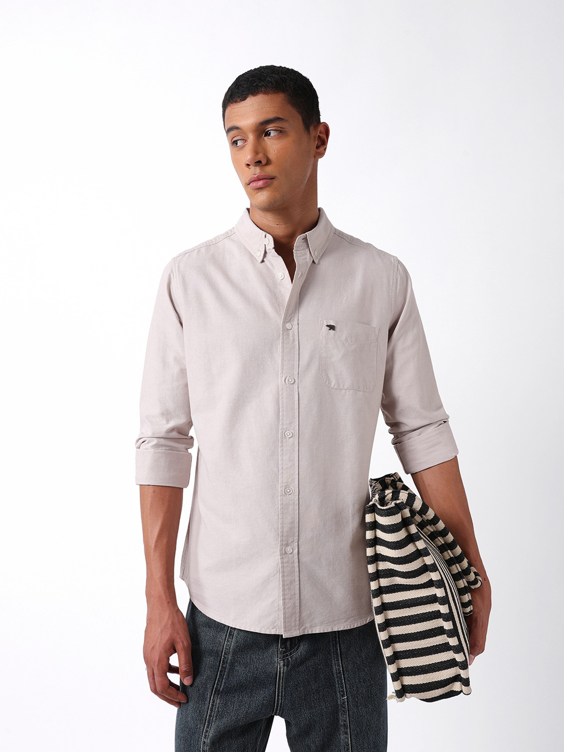 Image of THE BEAR HOUSE Men Solid Casual Beige Shirt