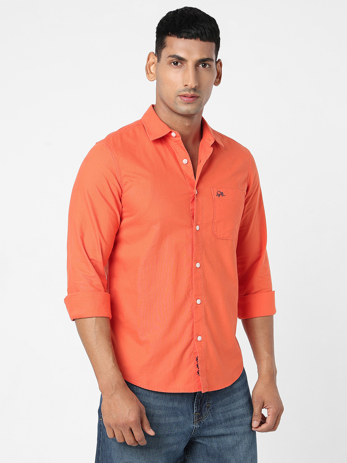 Image of Spykar Men Solid Casual Orange Shirt