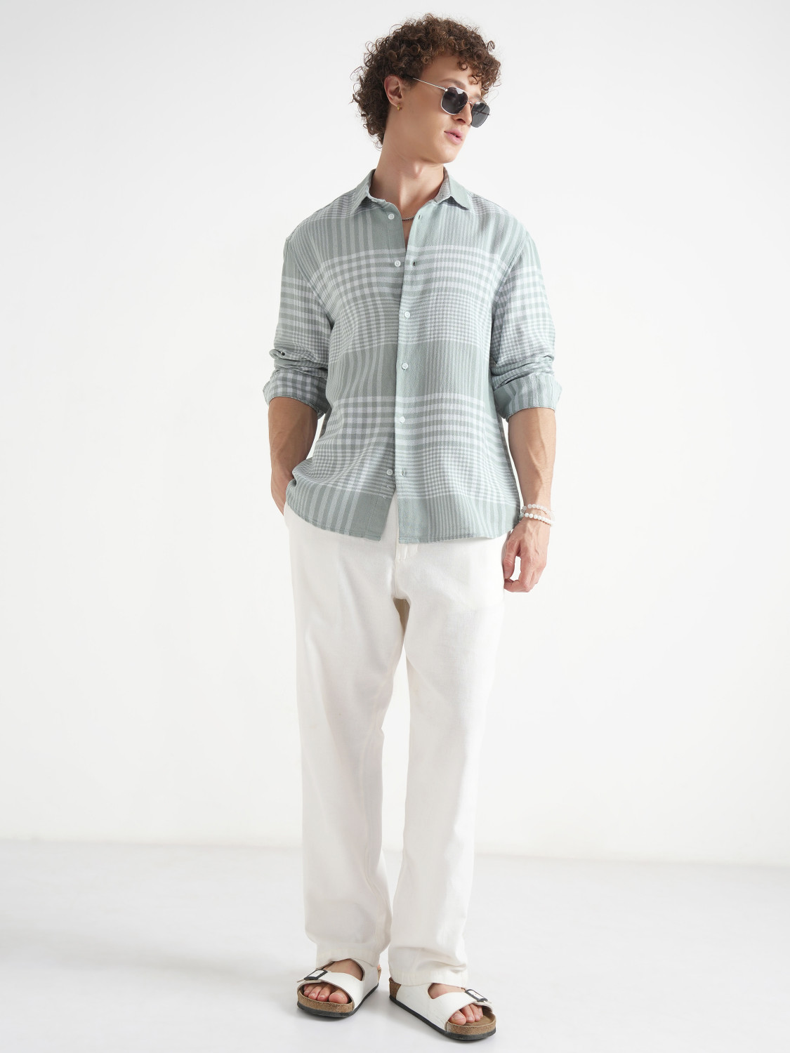 Image of LOCOMOTIVE Men Checkered Casual Green Shirt