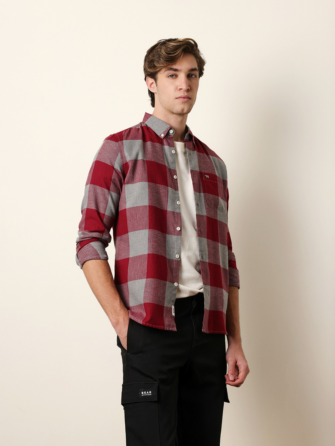Image of THE BEAR HOUSE Men Checkered Casual Maroon Shirt