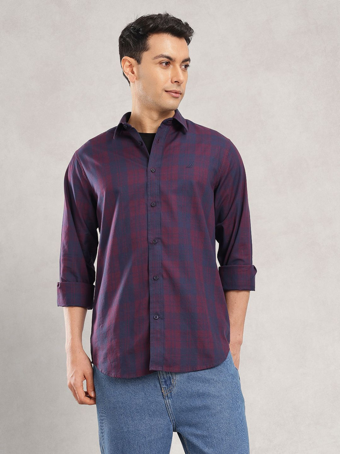 Image of NAUTICA Men Checkered Casual Purple Shirt