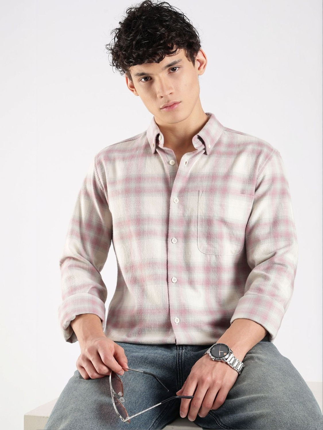 Image of HERE&NOW Men Checkered Casual White Shirt