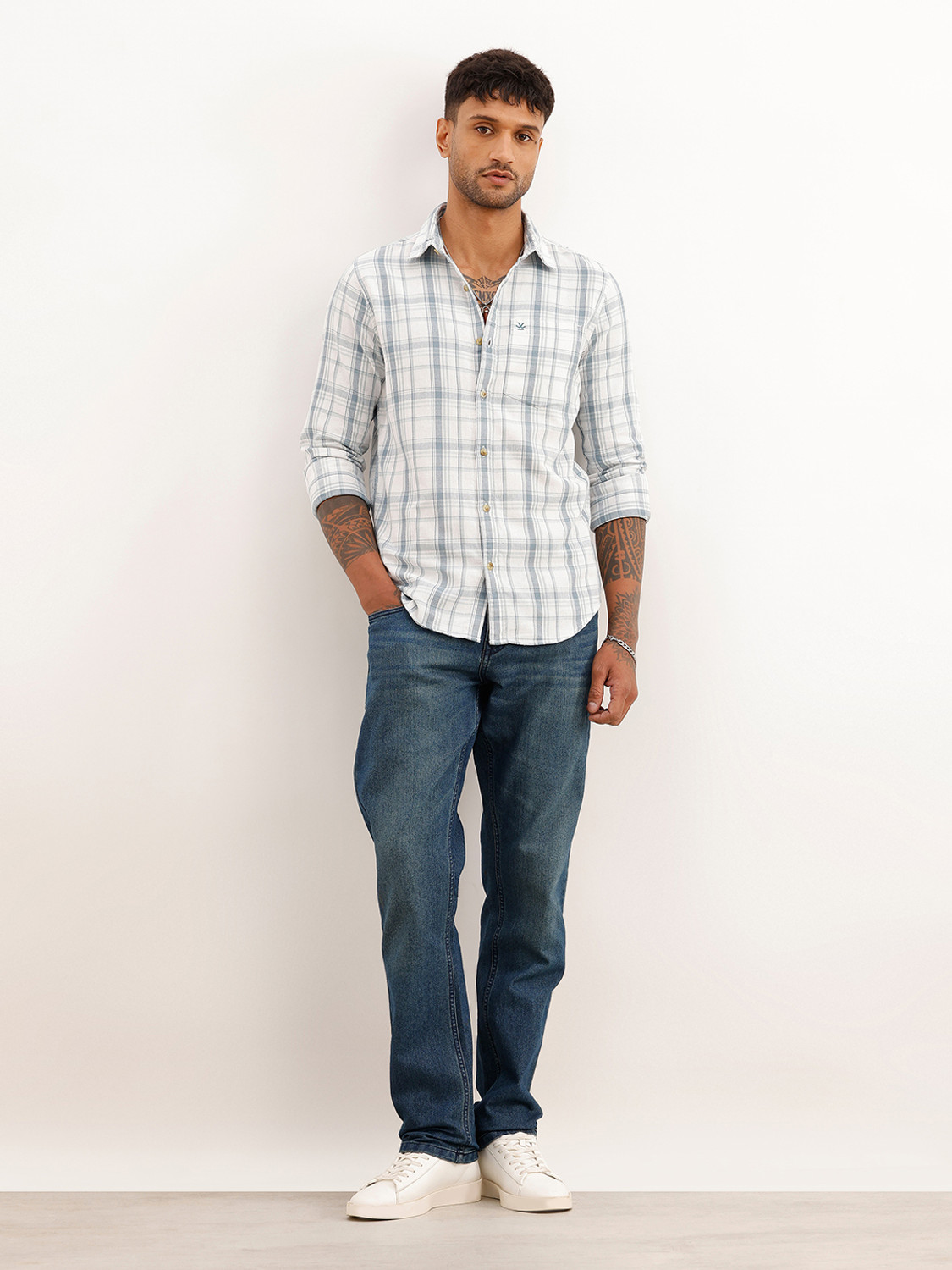 Image of WROGN Men Checkered Casual White Shirt