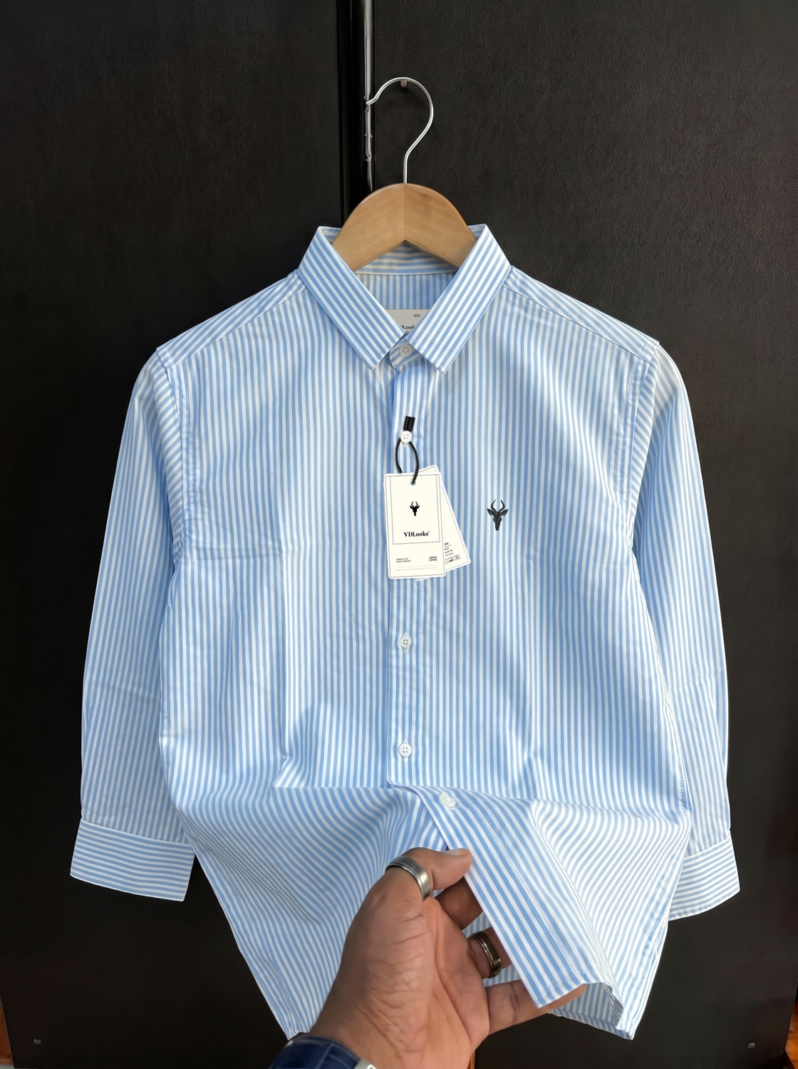 Image of VD Looks Men Striped Casual Light Blue, White Shirt