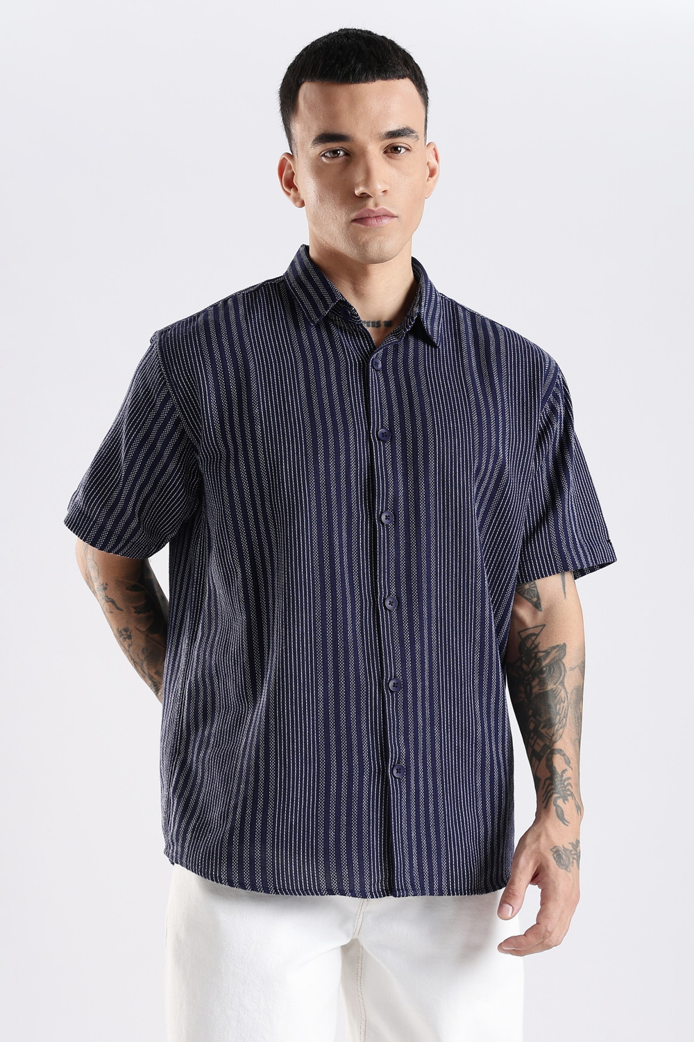 Image of ADRO Men Striped Casual Dark Blue Shirt