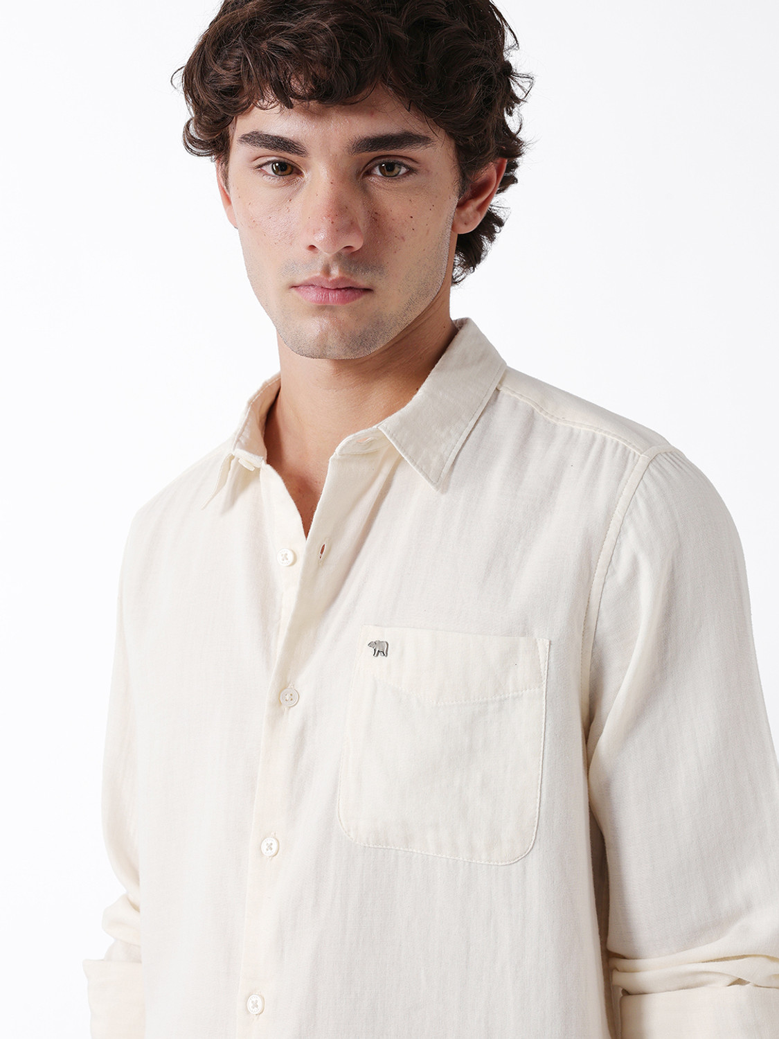 Image of THE BEAR HOUSE Men Solid Casual Beige Shirt