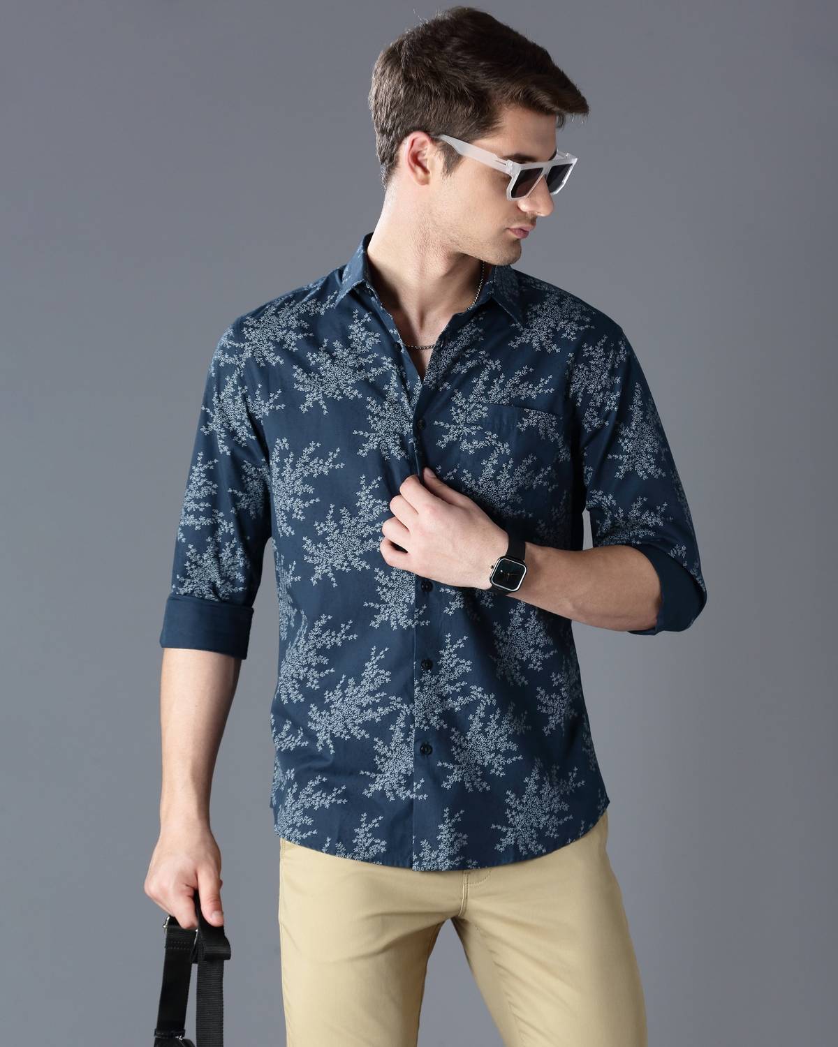 British Club Men Floral Print Casual Dark Blue, White Shirt